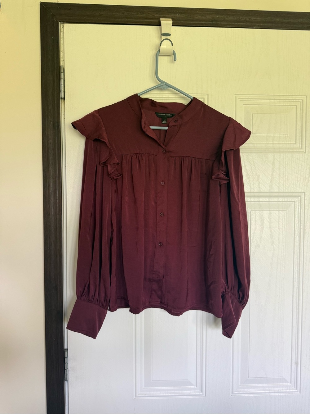 2 for $20 sale: Banana Republic factory Burgundy Ruffle Button Down Blouse - Picture 2 of 5